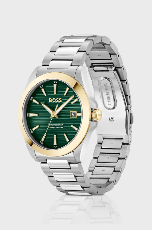 GOLD- AND SILVER-TONE WATCH WITH GREEN GROOVED DIAL
