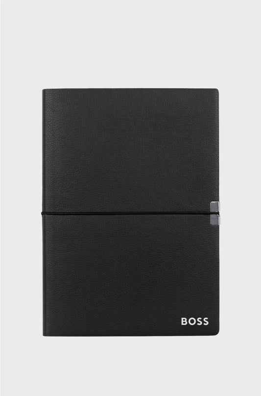 A5 NOTEBOOK IN BLACK FAUX LEATHER WITH ELASTICATED BAND