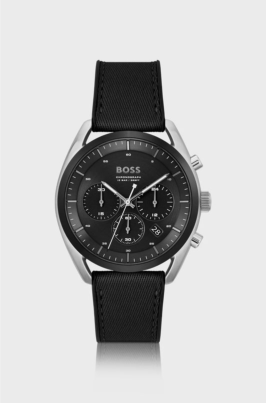 BLACK-DIAL CHRONOGRAPH WATCH WITH SILICONE-FABRIC STRAP